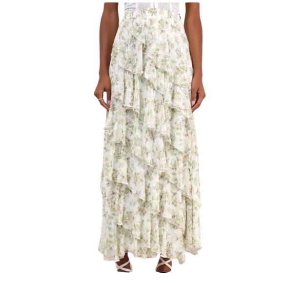 NWT LULU'S Feeling Flouncy Ivory Floral Print Tiered Ruffle Midi Skirt L… - Picture 2 of 2